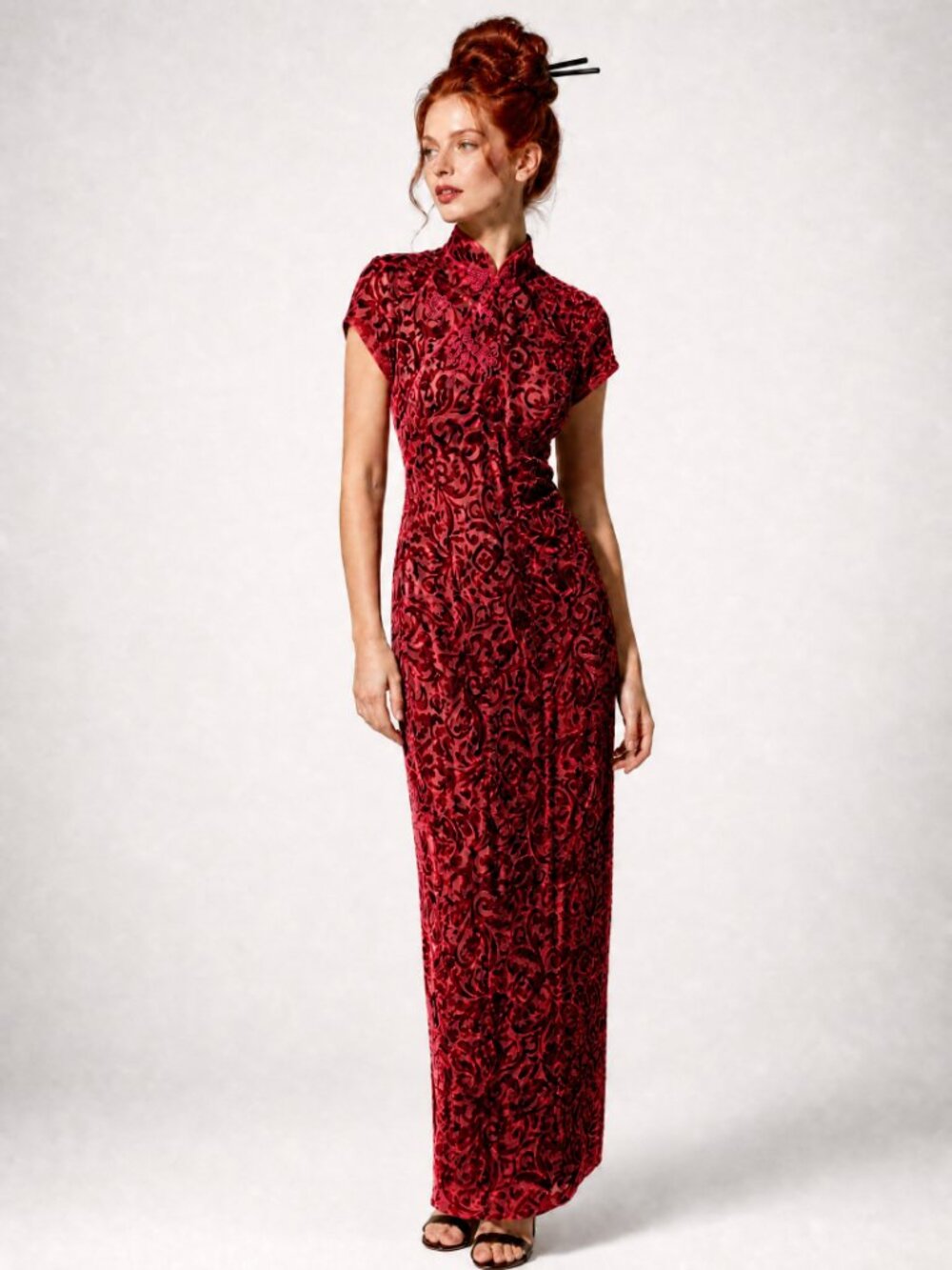 Women's Luxury SilkBurnout Velvet Red Vintage Dress. Handmade In Shanghai, China
